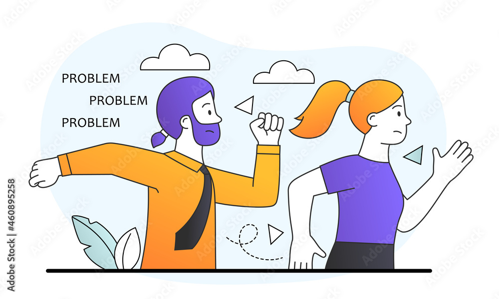 Struggle with career obstacle. Man and woman run to solve problems, employees overcome difficulties. Challenge to success concept. Cartoon flat vector illustration isolated on white background Struggle with career obstacle. Man and woman run to solve problems, employees overcome difficulties. Challenge to success concept. Cartoon flat vector illustration isolated on white background