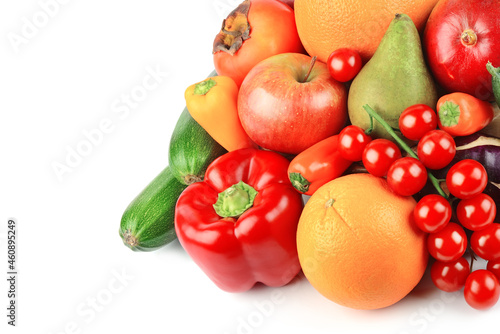 Vegetables and fruits isolated on a white. Free space for text.