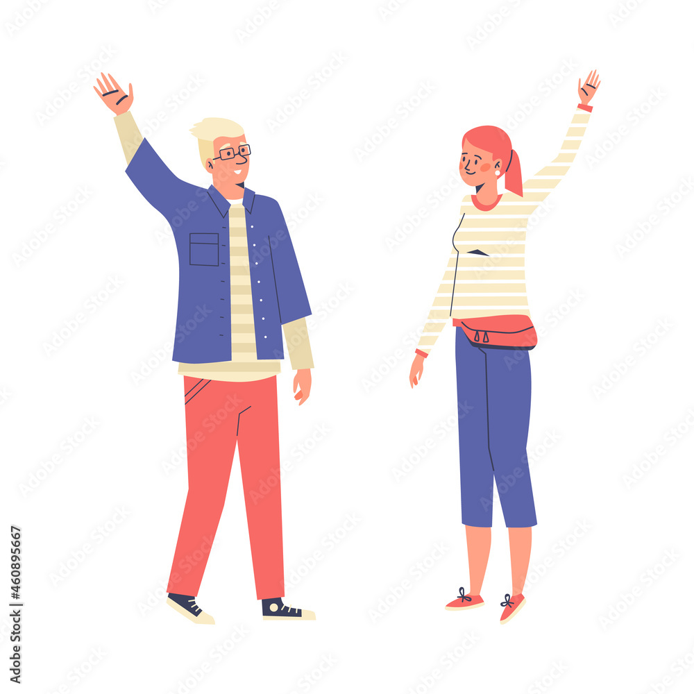 Fototapeta premium Wave hand people safe distance greet