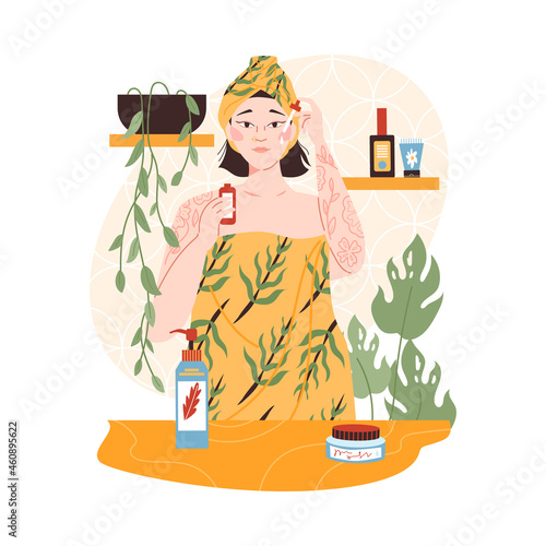 Woman using various facial cosmetics flat vector illustration isolated.
