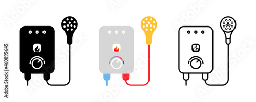 Thermosiphon installation, bathroom water heater icon set. Water heating boiler vector set. Save icon vector. Editable row set. Silhouette, colored, linear icon set. Logo-web, icon design element