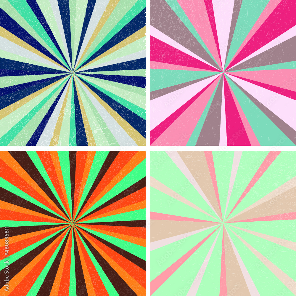Set de 4 fondos vectoriales retro grunge coloridos radiales
