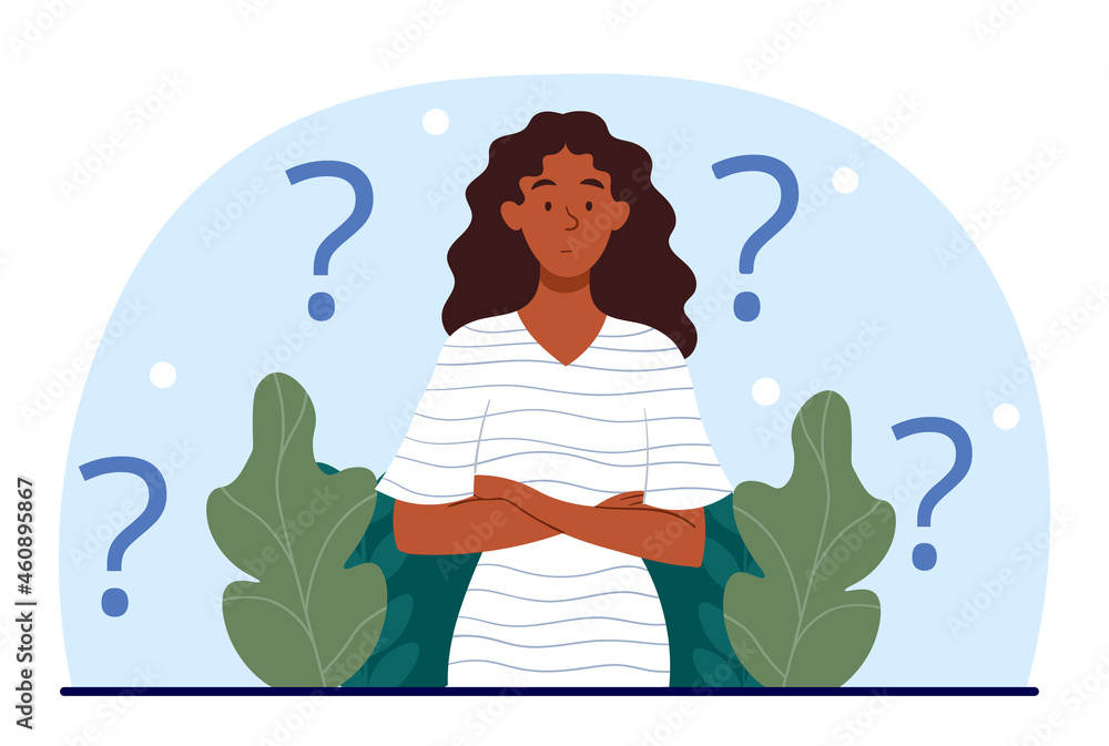 Thinking cute pretty women. Girl asking questions, searching for ...