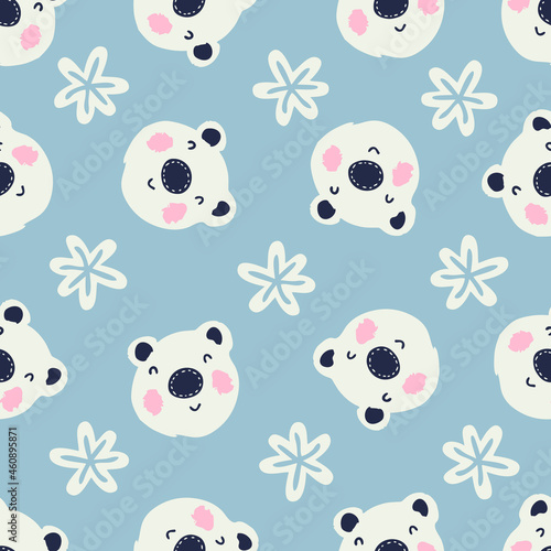 Seamless winter pattern with polar bears and snowflakes. Perfect for T-shirt  textile and prints. Hand drawn vector illustration for decor and design.