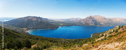 gutierrez lake in villa los coihues aerial view of the bay with rocky mountains and little vegetation