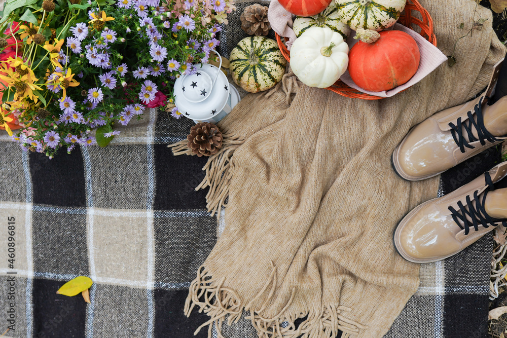 Fototapeta premium picnic in the autumn forest with plaid, flowers, pumpkins and female boots. autumn holiday