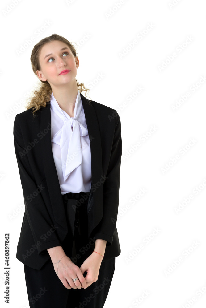 Portrait of surprised girl in elegant black suit Portrait of surprised girl in elegant black suit