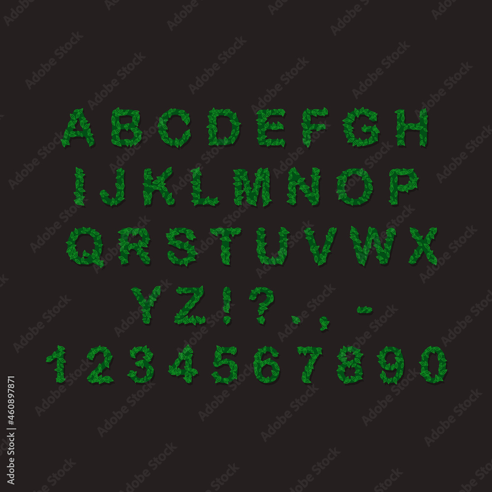 Hand drawn Alphabet. Green letters with leaves
