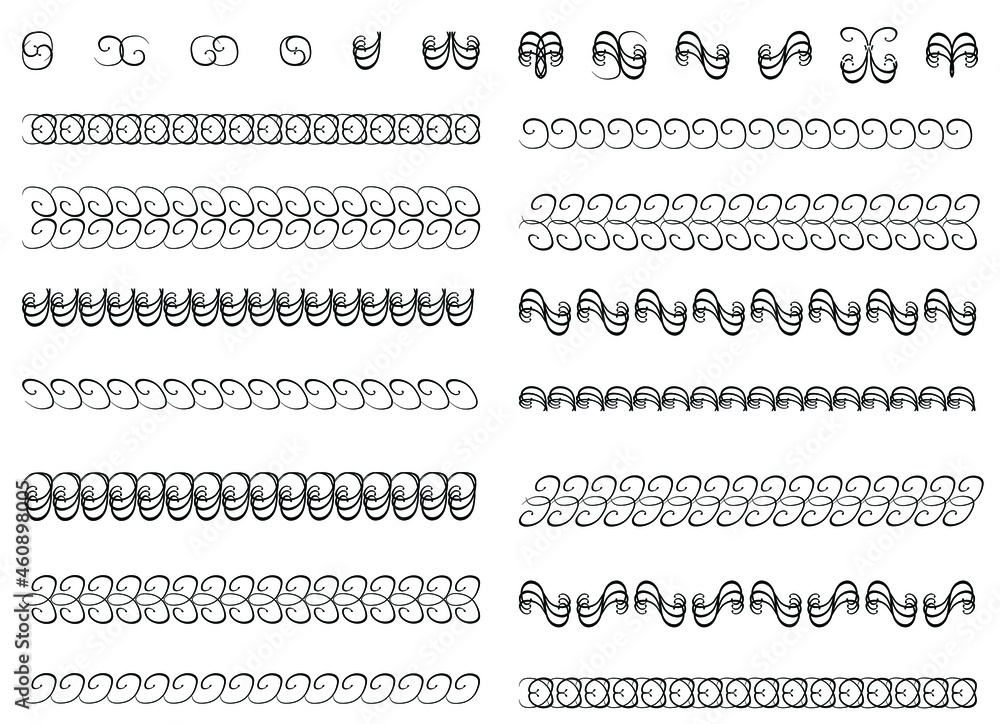 Obraz premium Decorative borders with rhythmic rounded pattern, set of graphic design elements isolated on white background. Vector.