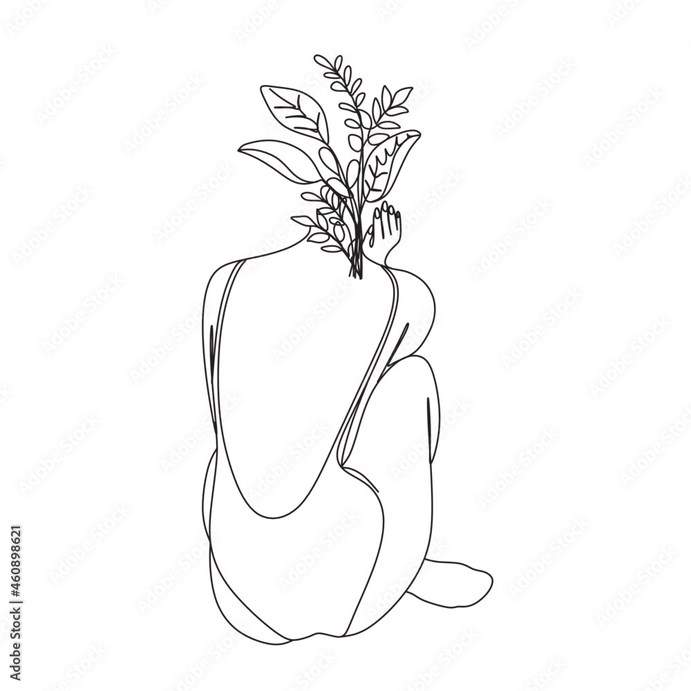 Abstract Nude Figure Of A Woman With Lavender Flowers Vector Line Drawing Fine One Line Vector