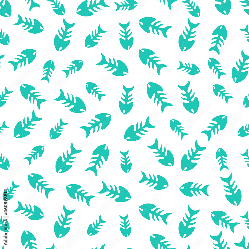 White seamless pattern with blue fish bones. White seamless pattern with blue fish bones.