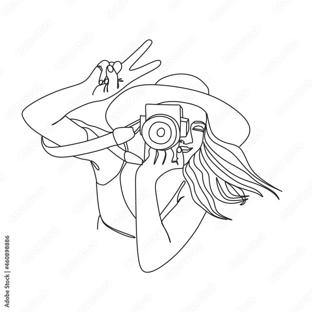 Girl with a camera vector line drawing. Fine One Line Vector Art ...