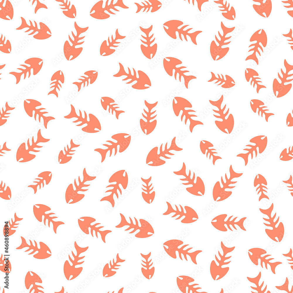 White seamless pattern with pink fish bones. White seamless pattern with pink fish bones.