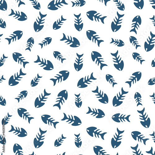 White seamless pattern with navy fish bones. © FRESH TAKE DESIGN
