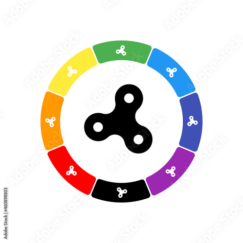 A large black spinner symbol in the center, surrounded by eight white symbols on a colored background. Background of seven rainbow colors and black. Vector illustration on white background