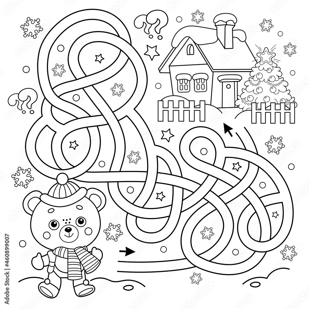Maze or Labyrinth Game. Puzzle. Tangled Road. Coloring Page Outline Of little bear with Christmas tree. New year. Christmas. Coloring book for kids.