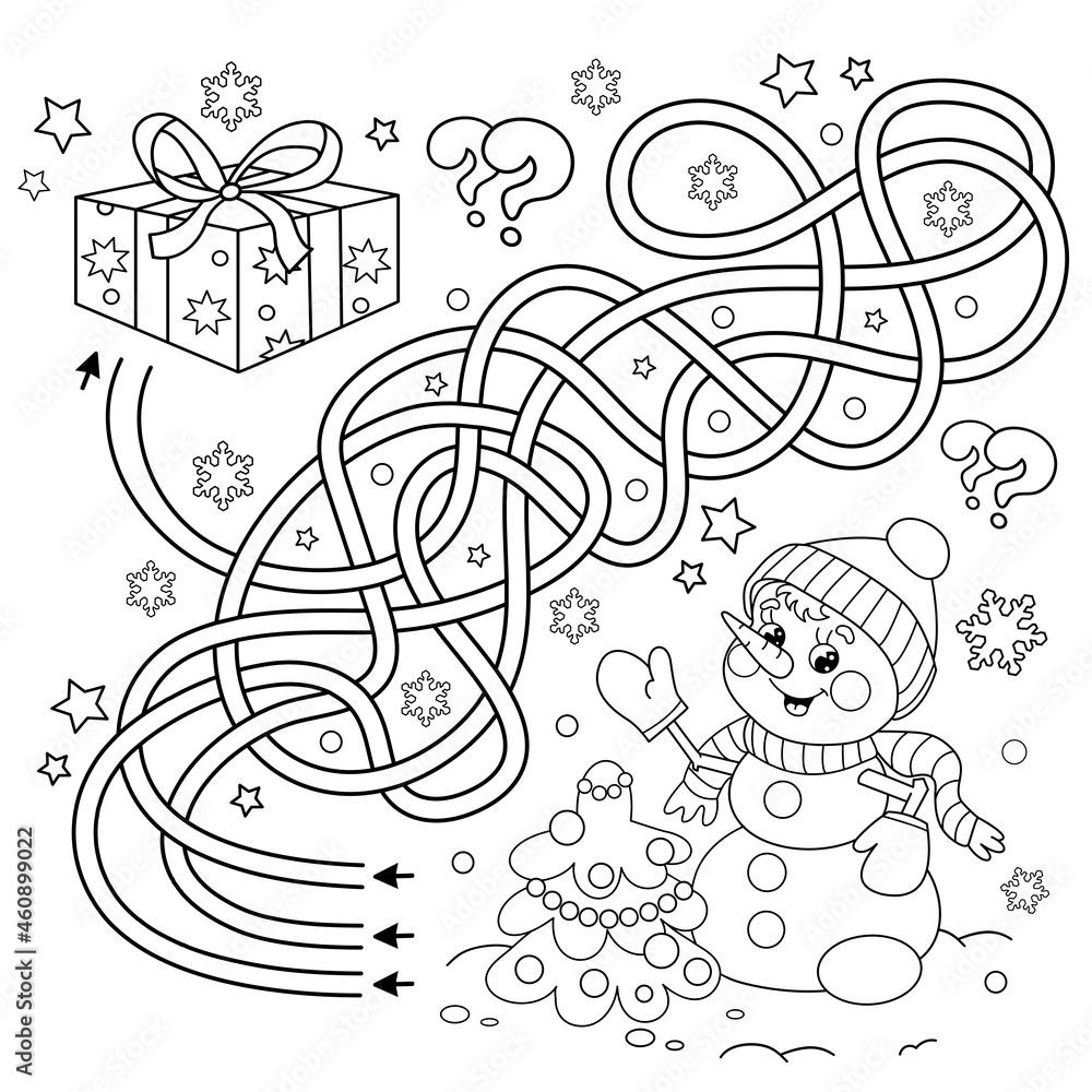 Maze or Labyrinth Game. Puzzle. Tangled Road. Coloring Page Outline Of snowman with Christmas tree. New year. Christmas. Coloring book for kids.