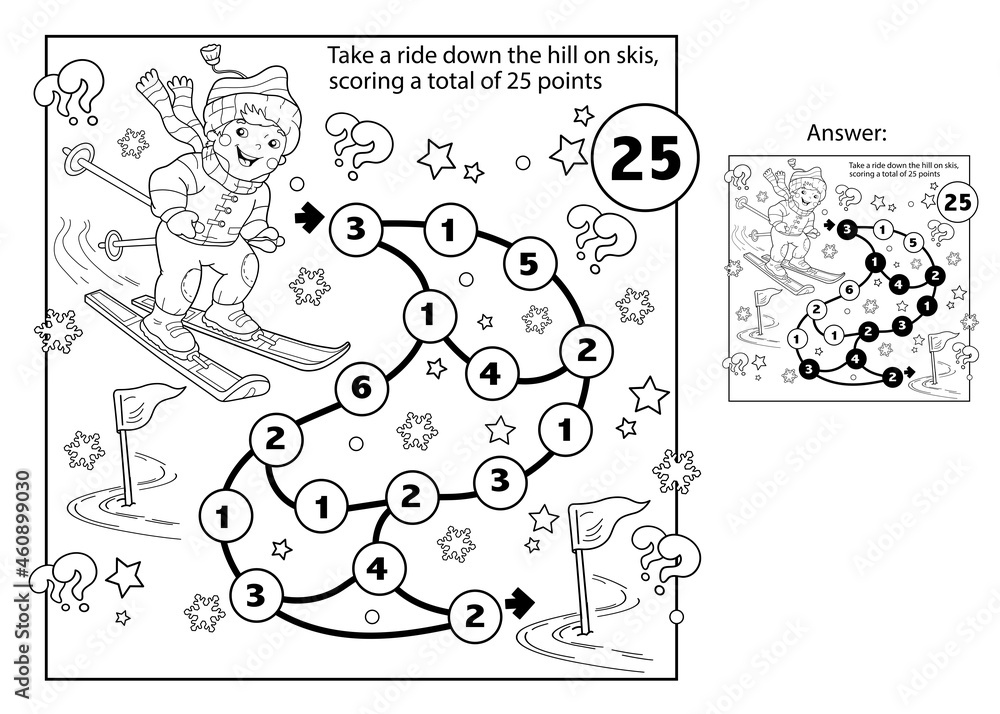 Math addition game. Puzzle for kids. Maze. Coloring Page Outline Of cartoon boy skiing. Winter sports. Coloring book for children.