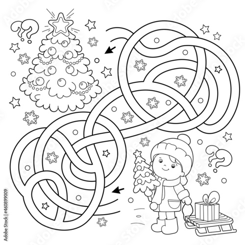 Maze or Labyrinth Game. Puzzle. Tangled Road. Coloring Page Outline Of children with gifts at Christmas tree. Christmas. New year. Coloring book for kids.