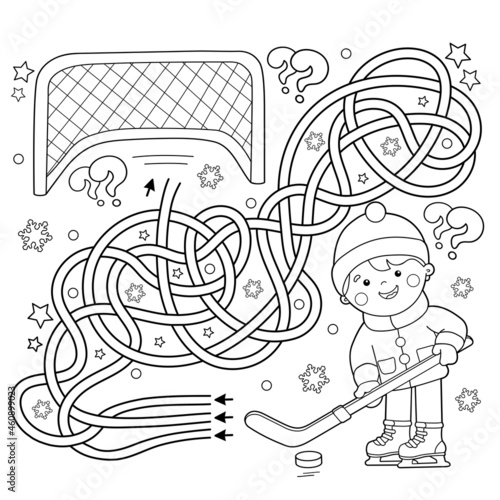 Maze or Labyrinth Game. Puzzle. Tangled Road. Coloring Page Outline Of cartoon boy playing hockey. Winter sports. Coloring book for kids.