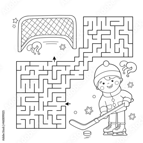 Maze or Labyrinth Game. Puzzle. Coloring Page Outline Of cartoon boy playing hockey. Winter sports. Coloring book for kids.