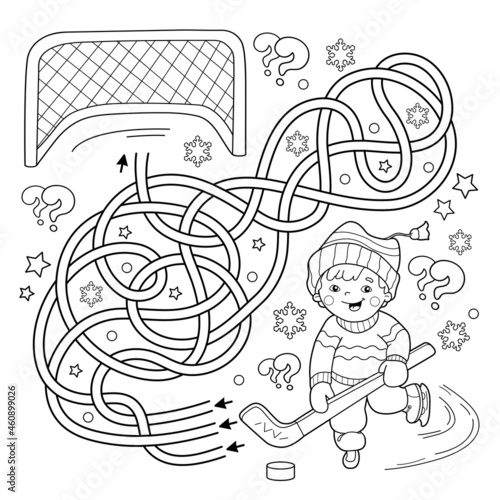 Maze or Labyrinth Game. Puzzle. Tangled Road. Coloring Page Outline Of cartoon boy playing hockey. Winter sports. Coloring book for kids.