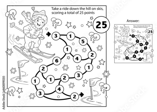 Math addition game. Puzzle for kids. Maze. Coloring Page Outline Of cartoon boy skiing. Winter sports. Coloring book for children.