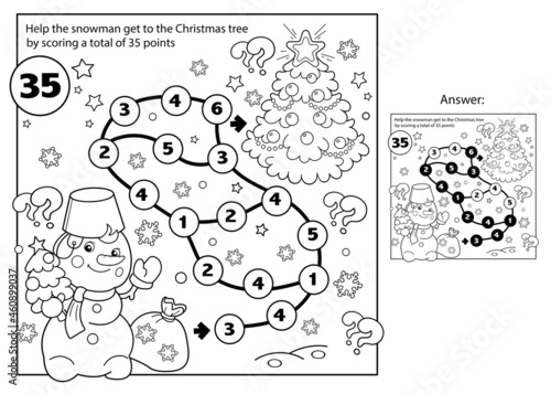 Math addition game. Puzzle for kids. Maze. Coloring Page Outline Of snowman with Christmas tree. New year. Christmas. Coloring book for children.