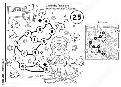 Math addition game. Puzzle for kids. Maze. Coloring Page Outline Of cartoon girl skiing. Winter sports. Coloring book for children.
