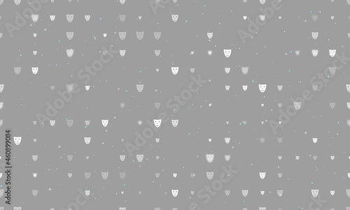 Seamless background pattern of evenly spaced white theatrical masks of different sizes and opacity. Vector illustration on gray background with stars