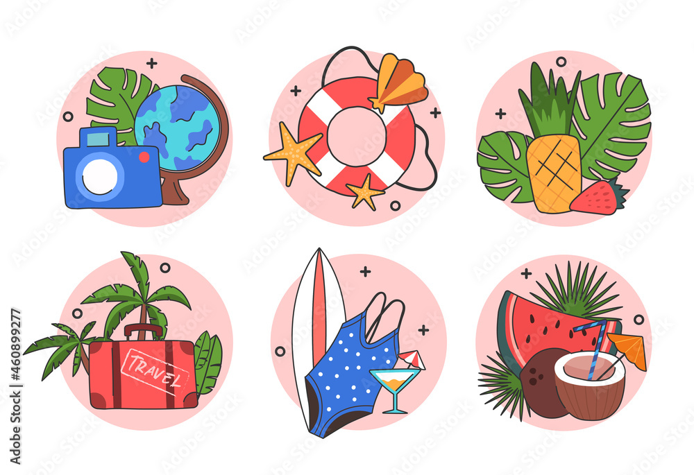 Summer icon set. Collection of images with things for vacation, travel, tropical food. Graphic elements for travel company website. Cartoon flat vector illustration isolated on white background