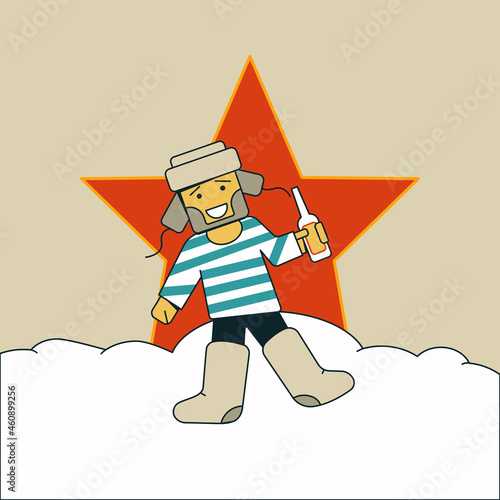 A drunken Russian peasant walks in the snow with a vodka bytul. On the head is a hat with earflaps, a vest on the body, felt boots on the legs. Behind him is a red star. 