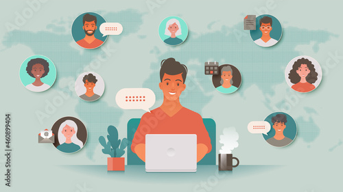 Man using laptop computer getting together with colleagues around the world via video call. Freelance work, e-learning, online communication and telecommuting concept vector illustration