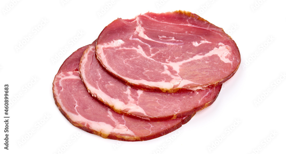 Antipasto meat, cold smoked ham, isolated on white background. High resolution image.