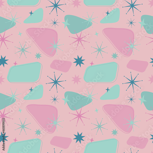 1950s pink and mint green abstract seamless vector pattern. Retro vintage 50s mid century modern style illustration. Fifties starburst and triangle shapes, repeat background wallpaper texture print. 