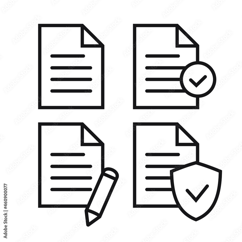 Paper document with check mark icon, Paper with pencil icon. Paper with shield icon. Paper document with check mark icon, Paper with pencil icon. Paper with shield icon.