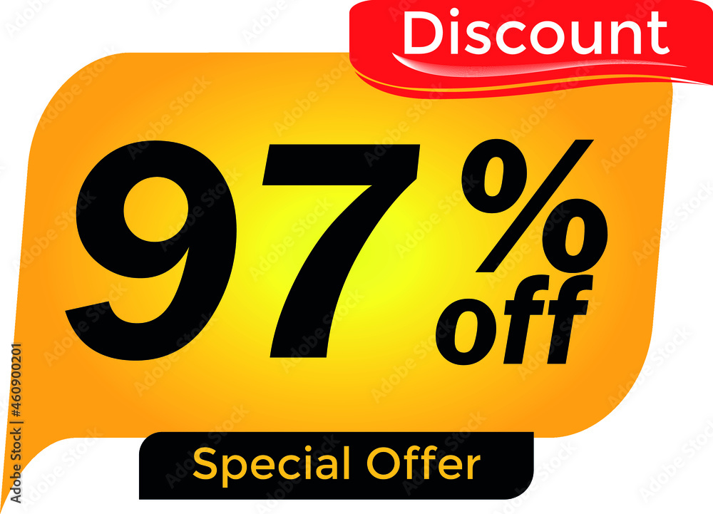 97% off, 97 percent promotion for offers, great deals, big sale, reduction. Yellow and red tag 97% off, 97 percent promotion for offers, great deals, big sale, reduction. Yellow and red tag