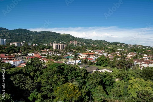 Panoramic city landscape with blue sky. Escazu, San Jose, Costa Rica. 