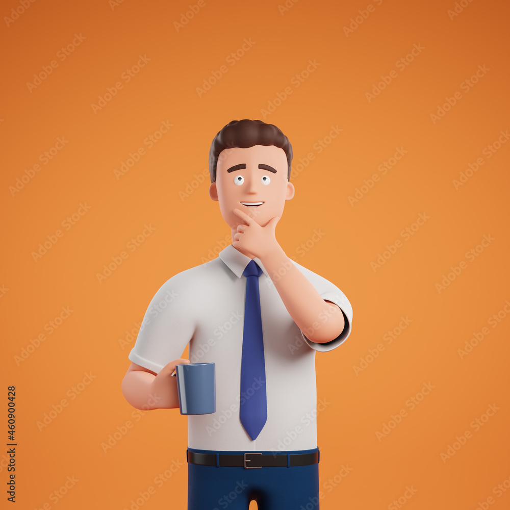 Φωτογραφία Cartoon businessman in white shirt with coffee tea cup think about business strategy over yellow background
