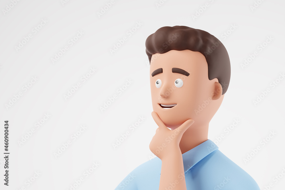 Portrait handsome cartoon businessman touch chin and dream about success, make decision isolated over white background. - obrazy, fototapety, plakaty 