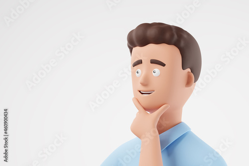 Portrait handsome cartoon businessman touch chin and dream about success, make decision isolated over white background.