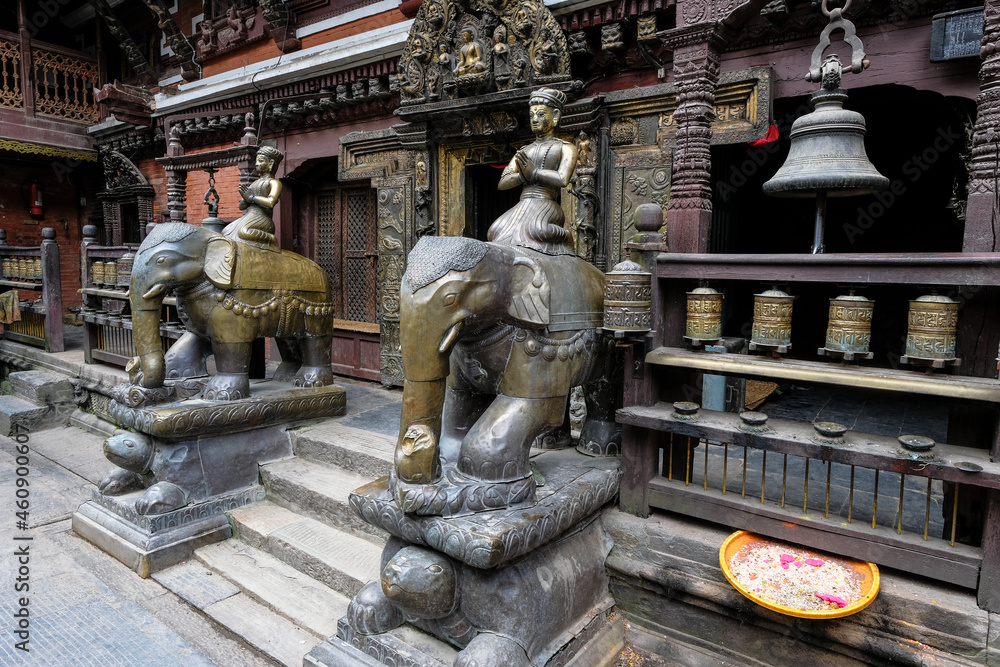 Patan, Nepal - October 2021: The Golden Temple is a Buddhist monastery founded in the 12th century in Patan on October 3, 2021 in Kathmandu Valley, Nepal.