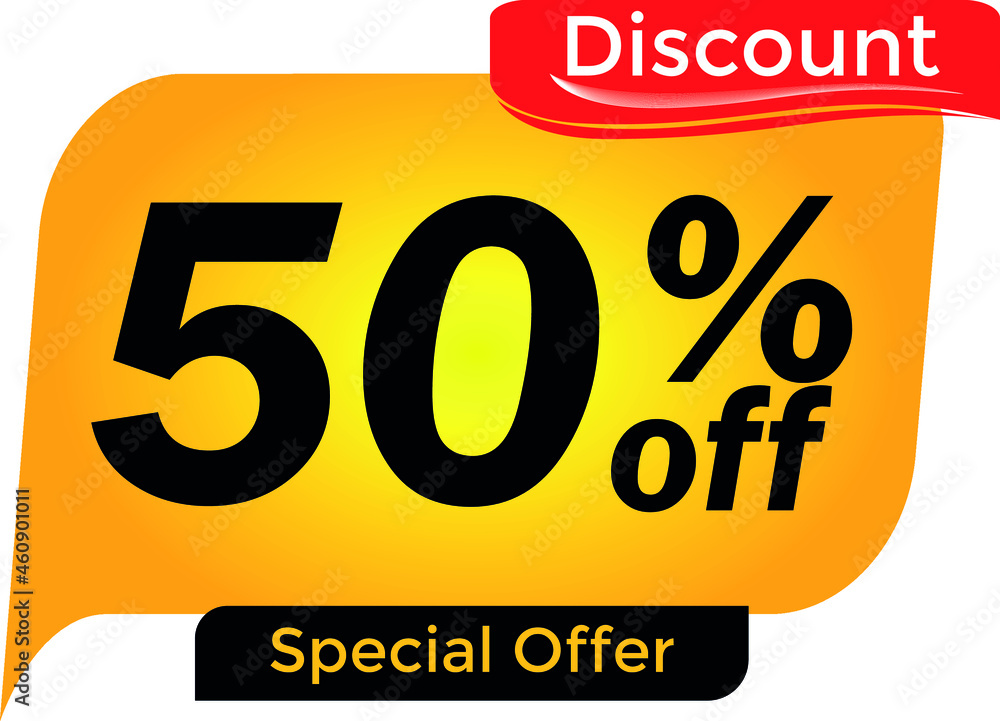 50% off, 50 percent promotion for offers, great deals, big sale, reduction. Yellow and red tag