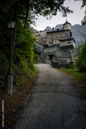 Hohenwerfen castle and fortress surrounded by the Alpine mountains in the morning, Werfen, Salzburg, Austria