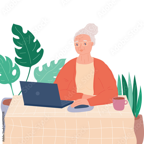 grandmother with computer laptop. senior adult with computer online. Modern retirees. Stock vector cartoon flat illustration.