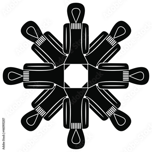 Star shape mandala made ancient Egyptian sacred symbols Tyet. Knot of Isis or girdle of Isis. Ankh amulet. Black and white negative silhouette.
