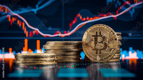 3d Illustration oder rendering von Bitcoin Stapel vor Diagrammen und Charts symbolisiert den Aktienmarkt von Kryptowährung