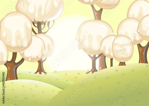 Fabulous sweet forest. Ice cream, drips of white milk cream. Sun. Trees with chocolate trunks. Cute hilly landscape for children. Beautiful fantastic illustration. Vector