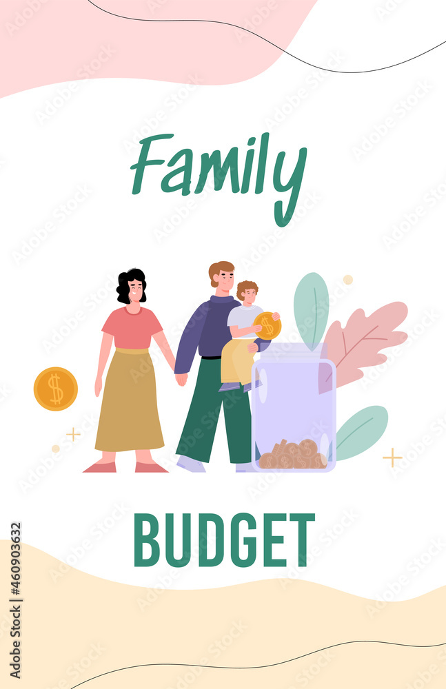 Family budget card template with people saving money flat vector illustration.