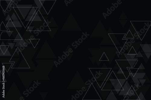 Geometric triangle black background illustration, abstract pattern, symmetrical and geometrical dark template, graphic layout, grey triangles